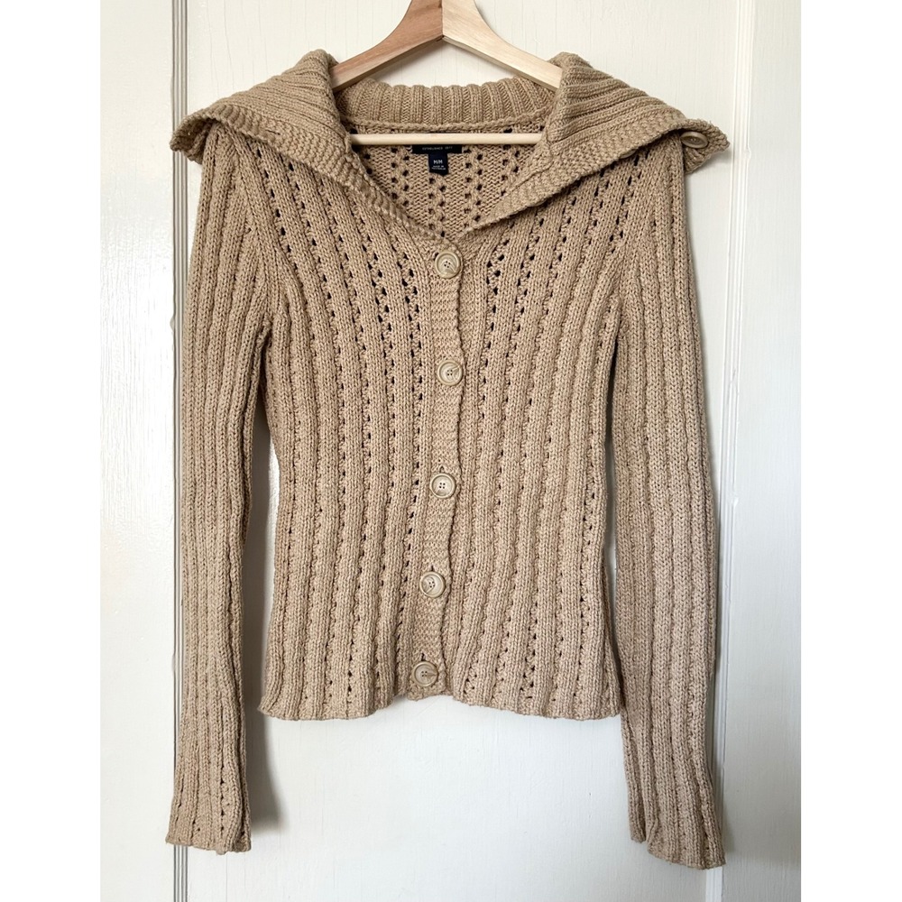 Vtg Y2K American Eagle‎ Chunky Button Cotton Knit Sweater Tan M Bella Swan 2000s
